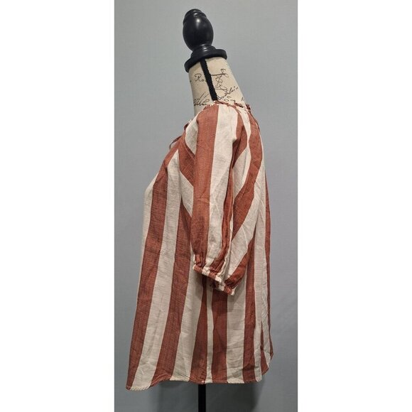 NWOT Knox Rose Rust & Cream Striped Cotton Blouse With Puff Sleeves & Tie Neck/S - Picture 4 of 7